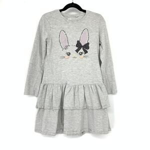 C&A Long Sleeve Tiered Hem Dress Girls Size 10 Gray Bunny Graphic